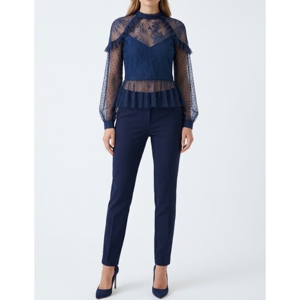 NWT Bardot Splice Lace Blouse Top US 6 Blue Crush Sheer Ruffle Peplum Mock Neck